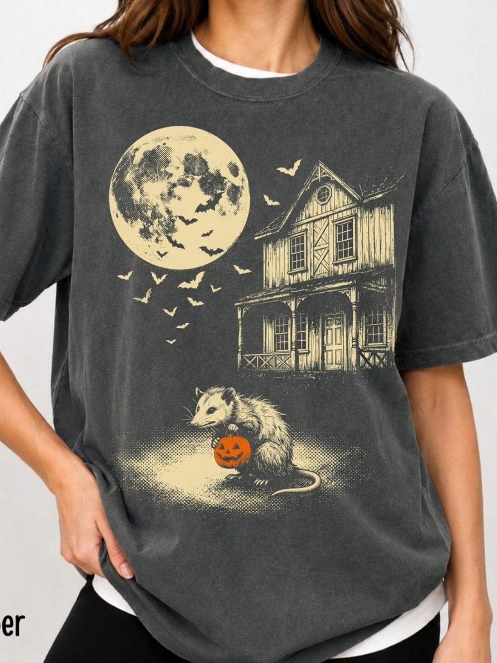 Comfort Colors Pepper Graphic Halloween Tee with Cream Moon & Orange Pumpkin